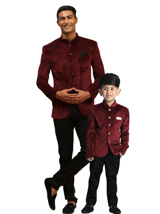 VASTRAMAY Maroon Polka Dot Printed Velvet Jodhpuri Baap beta Set