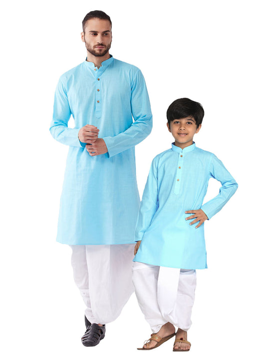 VASTRAMAY Aqua Blue Cotton Baap Beta Kurta Dhoti Set