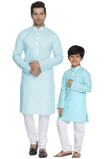 Vastramay Aqua Blue Cotton Baap Beta Kurta Pyjama Set