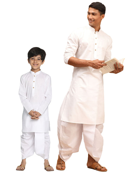 VASTRAMAY White Cotton Baap Beta Kurta Dhoti Set