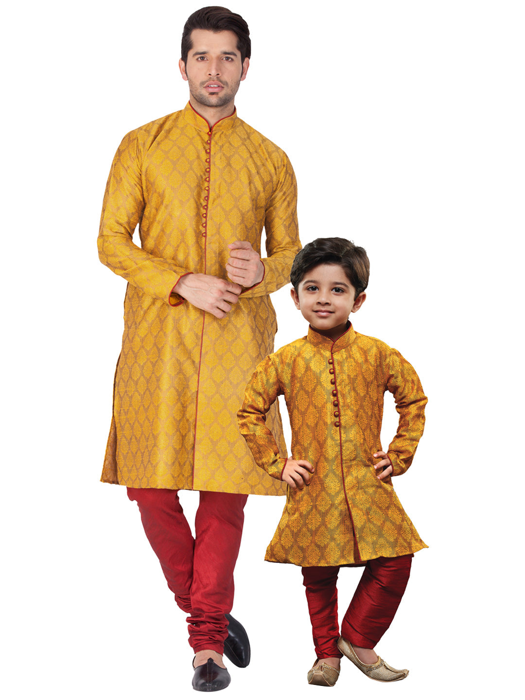 Vastramay Silk Blend Mustard Baap Beta Kurta Pyjama set