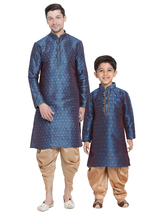 Vastramay  Silk Blend Blue and Rose Gold Baap Beta Dhoti Kurta Set