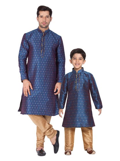 Vastramay Silk Blend Blue and Rose Gold Baap Beta Kurta Pyjama set