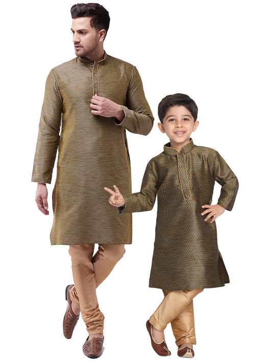 Vastramay Silk Blend Black and Rose Gold Baap Beta Kurta Pyjama set