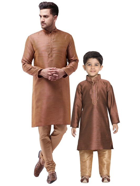 Vastramay Silk Blend Maroon and Rose Gold Baap Beta Kurta Pyjama set