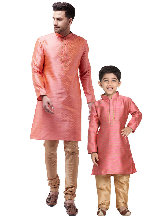 Vastramay Silk Blend Pink and Rose Gold Baap Beta Kurta Pyjama set