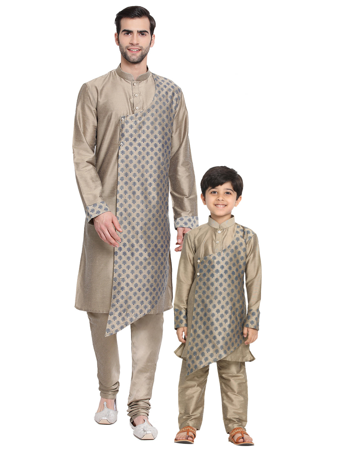 Vastramay Baap Beta Chiku Silk Blend Printed Angrakha Design Kurta Pyjama Set