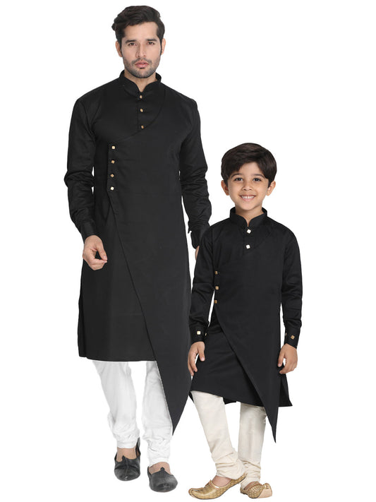 Vastramay Cotton Satin Blend Black and Cream Baap Beta Kurta Pyjama Set