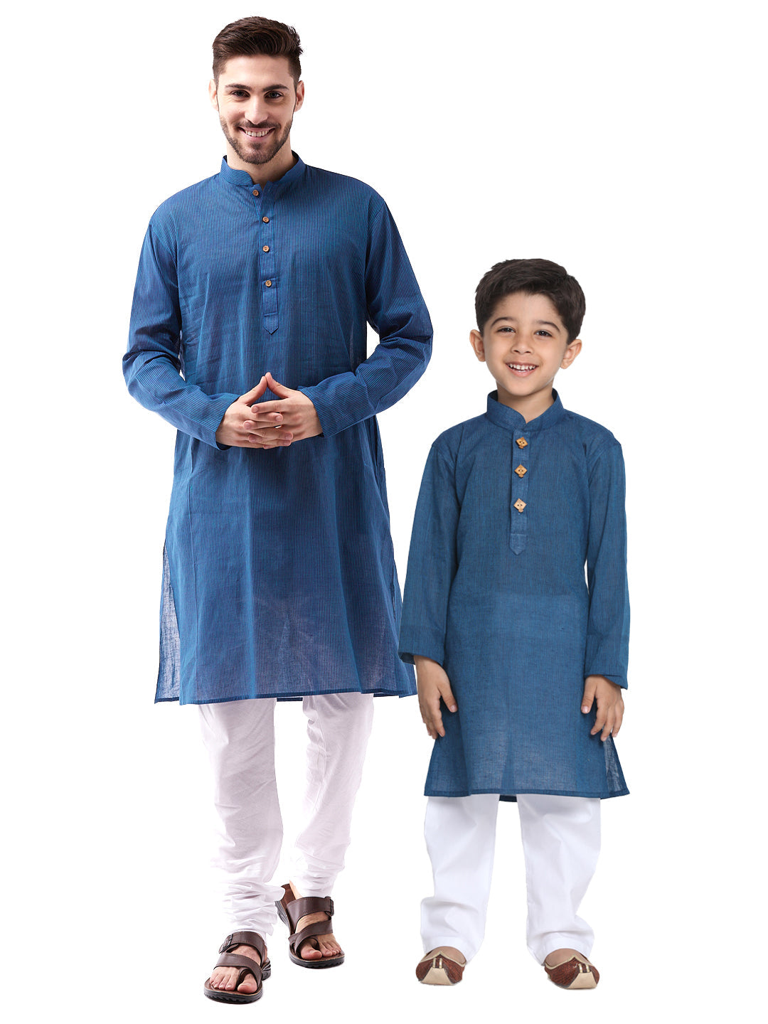 Vastramay Pure Handloom Cotton Blue and White Baap Beta Kurta Pyjama set