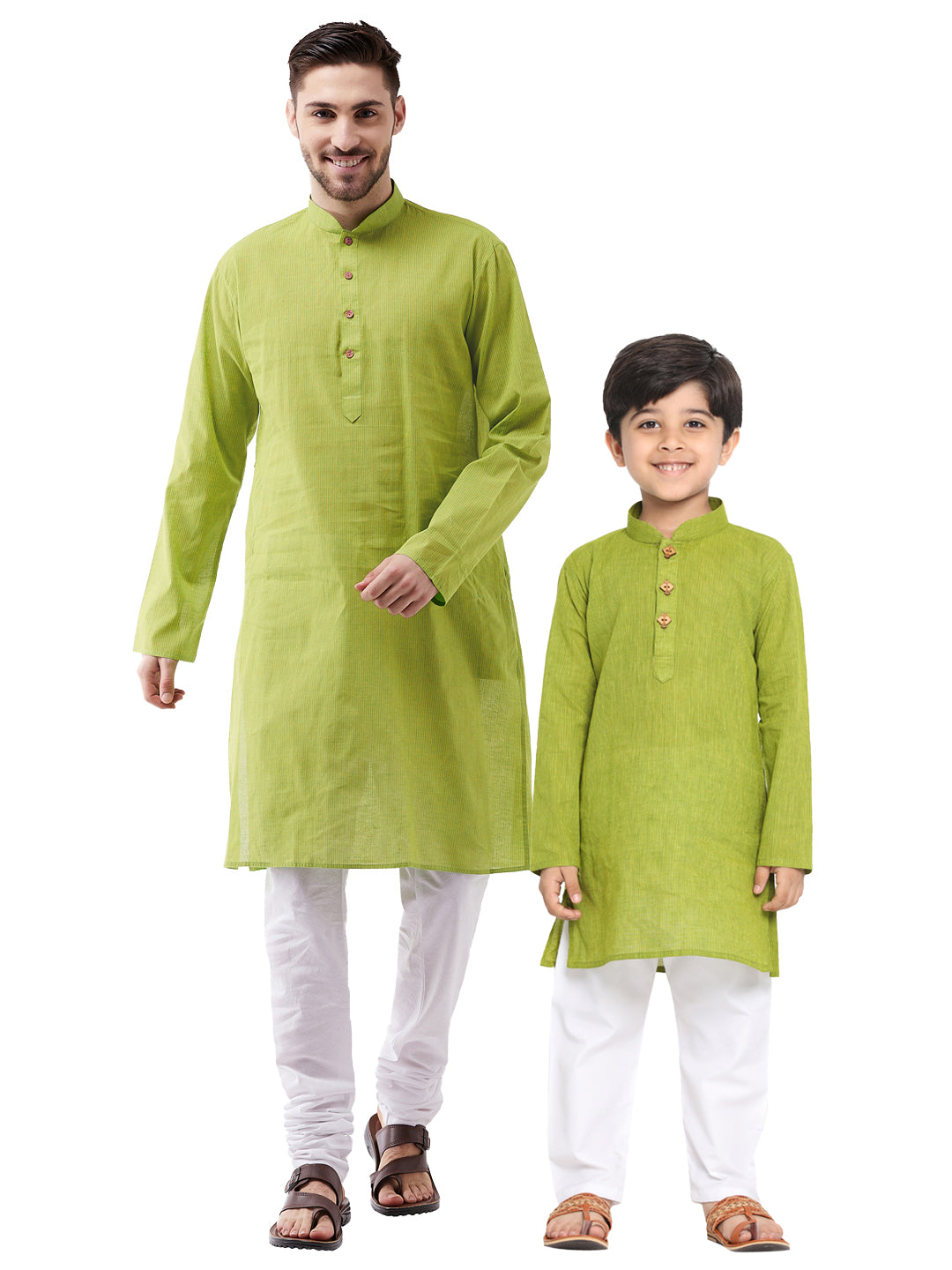 Vastramay Pure Handloom Cotton Green and White Baap Beta Kurta Pyjama set