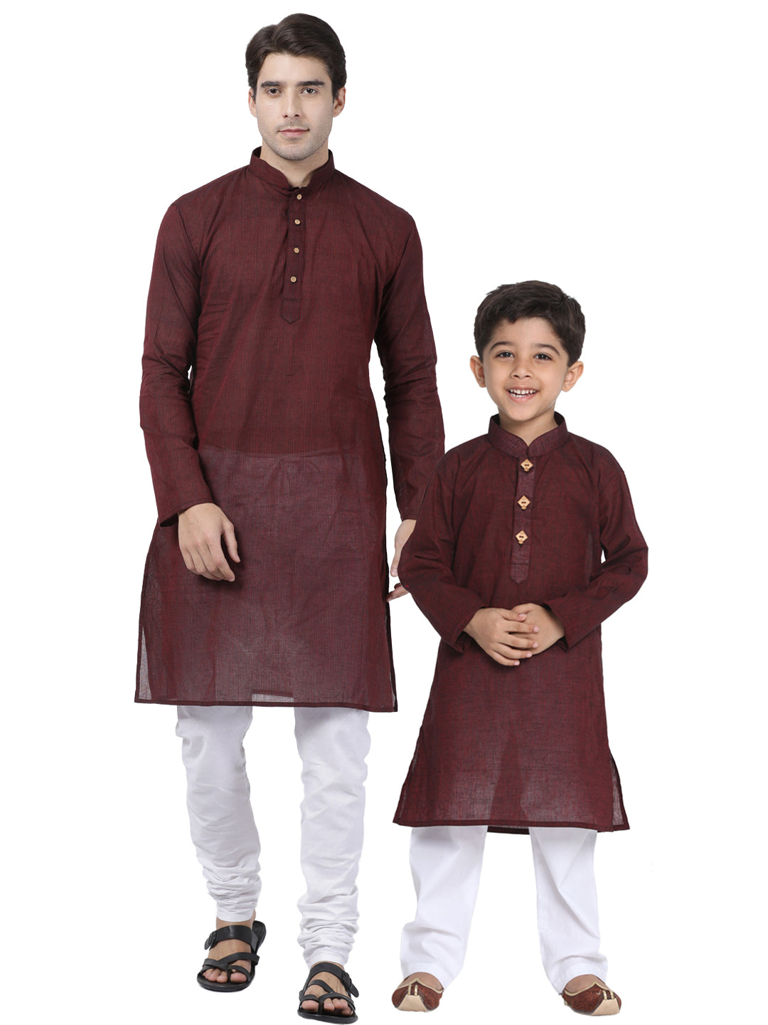 Vastramay Pure Handloom Cotton Maroon and White Baap Beta Kurta Pyjama set