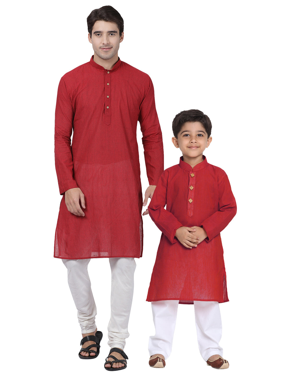 Vastramay Red Handloom Cotton Red and White Baap Beta Kurta Pyjama set