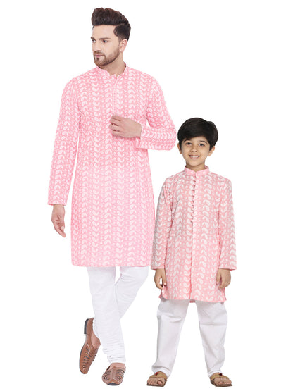 Vastramay Pink Pure Cotton Kurta Chikankari Pyjama Baap Beta Set