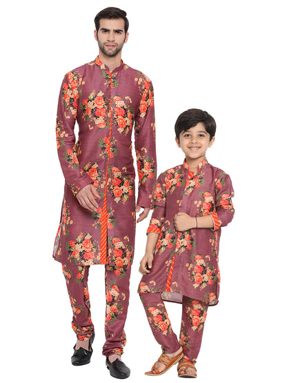 Vastramay Multicolor-Base-Wine Cotton Blend Baap Beta Kurta Pyjama set