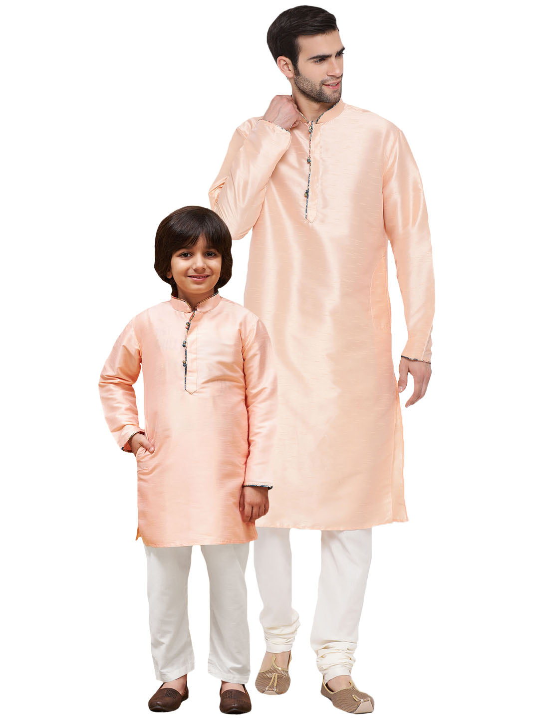 VASTRAMAY Peach Silk Kurta And Pyjama Baap Beta Set