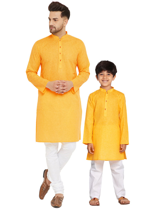 Vastramay Yellow And White Baap Beta Kurta And Pyjama Set