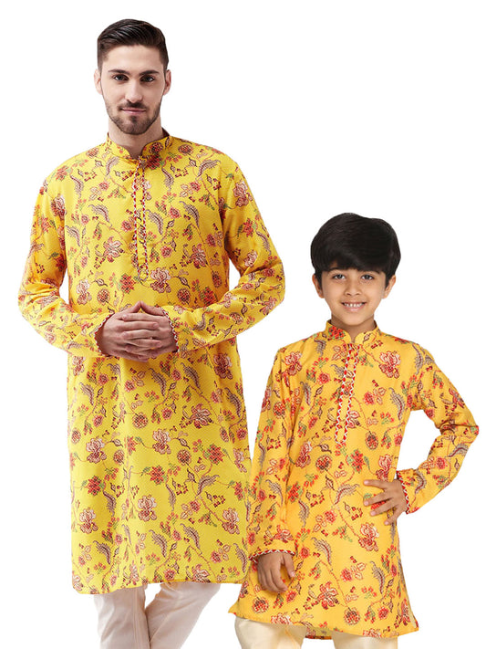 Vastramay Multicolor-Base-Mustard And Cream Baap Beta Kurta Set