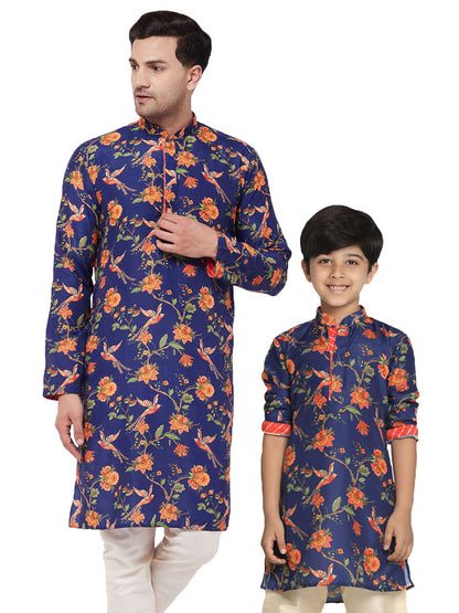 VASTRAMAY Multicolor-Base-Blue And Cream Baap Beta Kurta Set