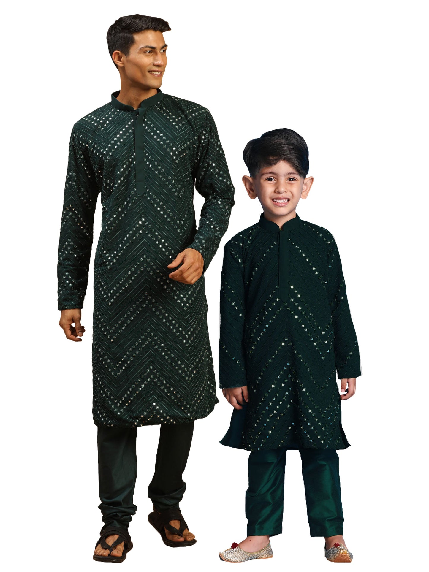 VASTRAMAY Baap Beta Mirror Green Kurta Pyjama Set