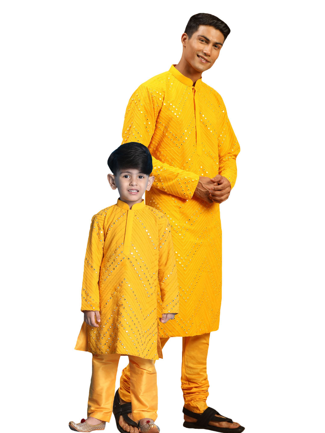 VASTRAMAY Baap Beta Yellow Mirror Kurta Pyjama Set