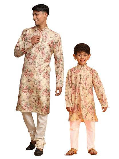 VASTRAMAY Brown Floral printed Silk Blend Kurta Pyjama baap Beta Set