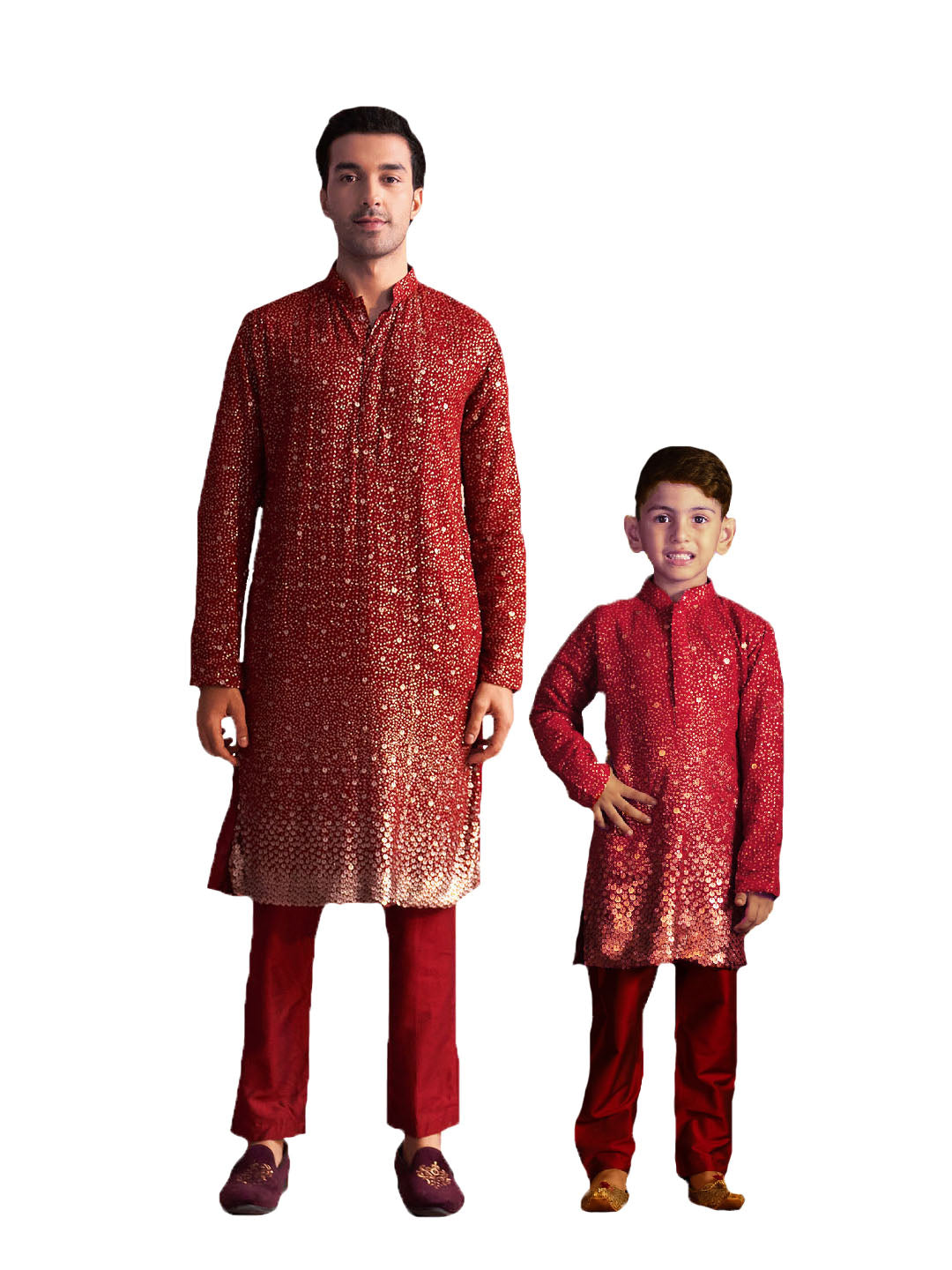 VASTRAMAY Maroon Geogette Baap Beta Kurta And Pyjama Set