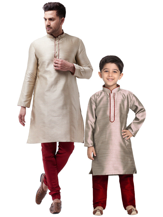 Vastramay Silk Blend Beige and Maroon Baap Beta Kurta Pyjama set