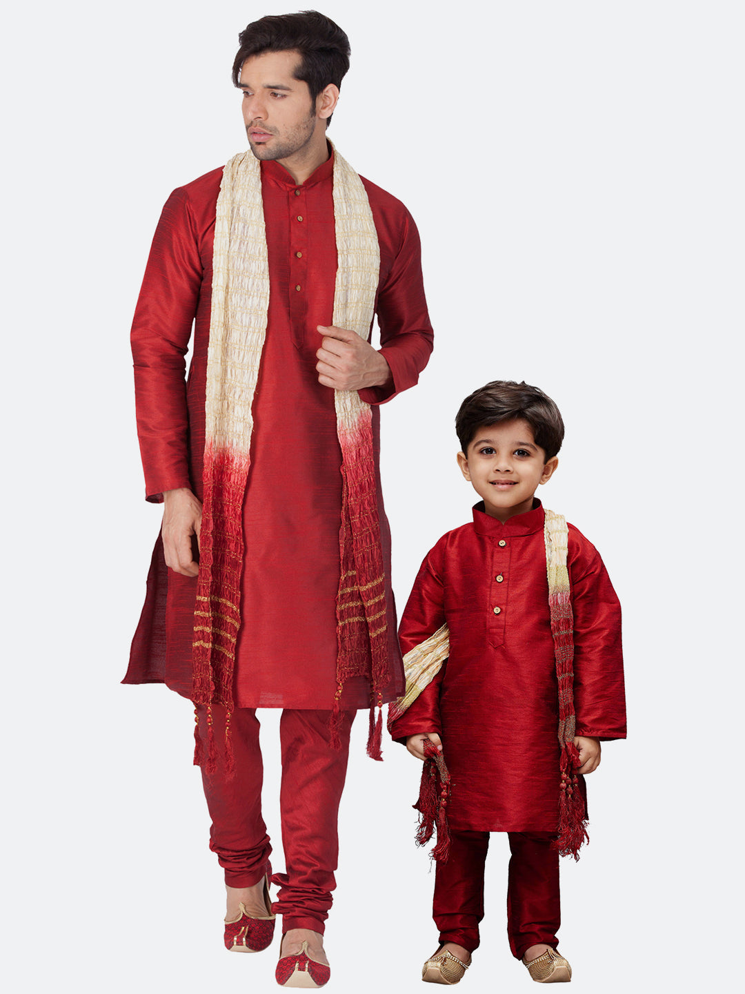 Vastramay Maroon Silk Blend Baap Beta Kurta Pyjama Dupatta set