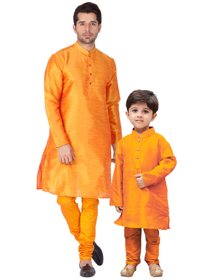 Vastramay Silk Blend Orange Baap Beta Kurta Pyjama Set