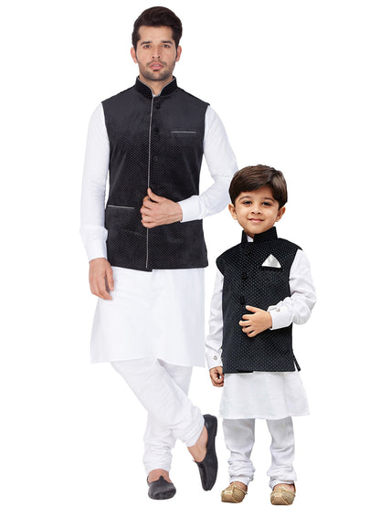 Vastramay Cotton White And Black Baap Beta Jacket Kurta Pyjama set