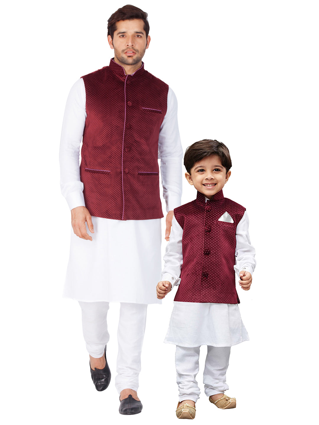 Vastramay Cotton White And Maroon Baap Beta Jacket Kurta Pyjama set