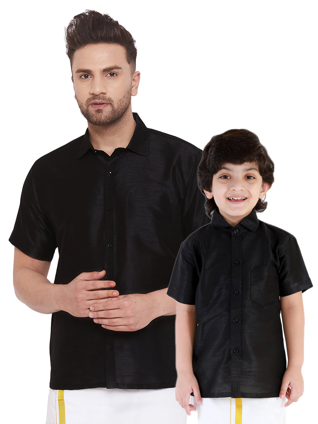 Vastramay Men's And Boys Black Solid Silk Blend Half Sleeve Ethnic Shirt