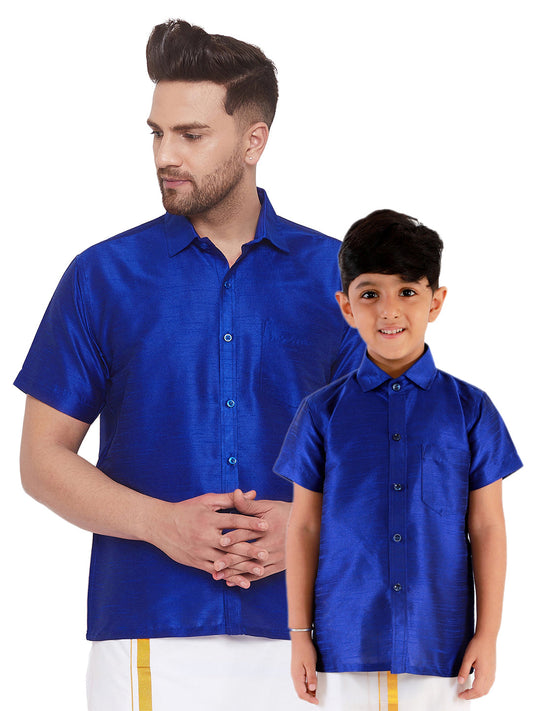 Vastramay Men's And Boys Blue Solid Silk Blend Half Sleeve Ethnic Shirt