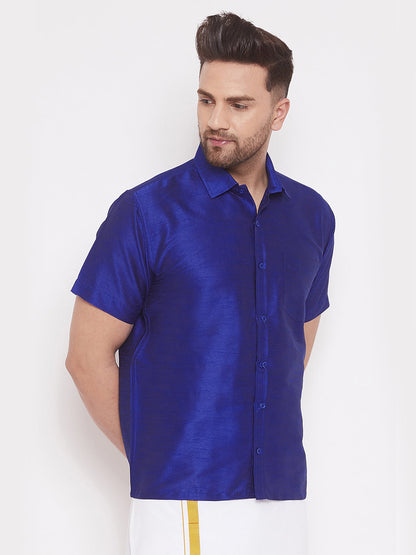 Vastramay Men's And Boys Blue Solid Silk Blend Half Sleeve Ethnic Shirt