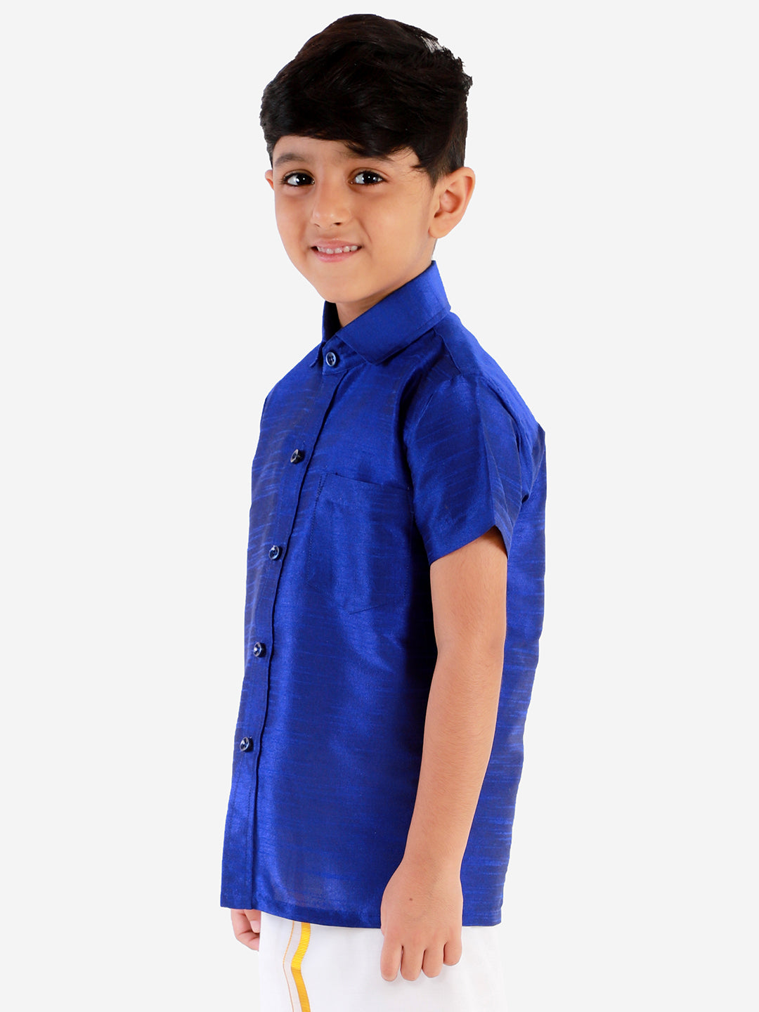 Vastramay Men's And Boys Blue Solid Silk Blend Half Sleeve Ethnic Shirt