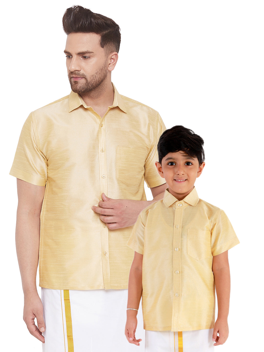 Vastramay Men's And Boys Gold Solid Silk Blend Half Sleeve Ethnic Shirt