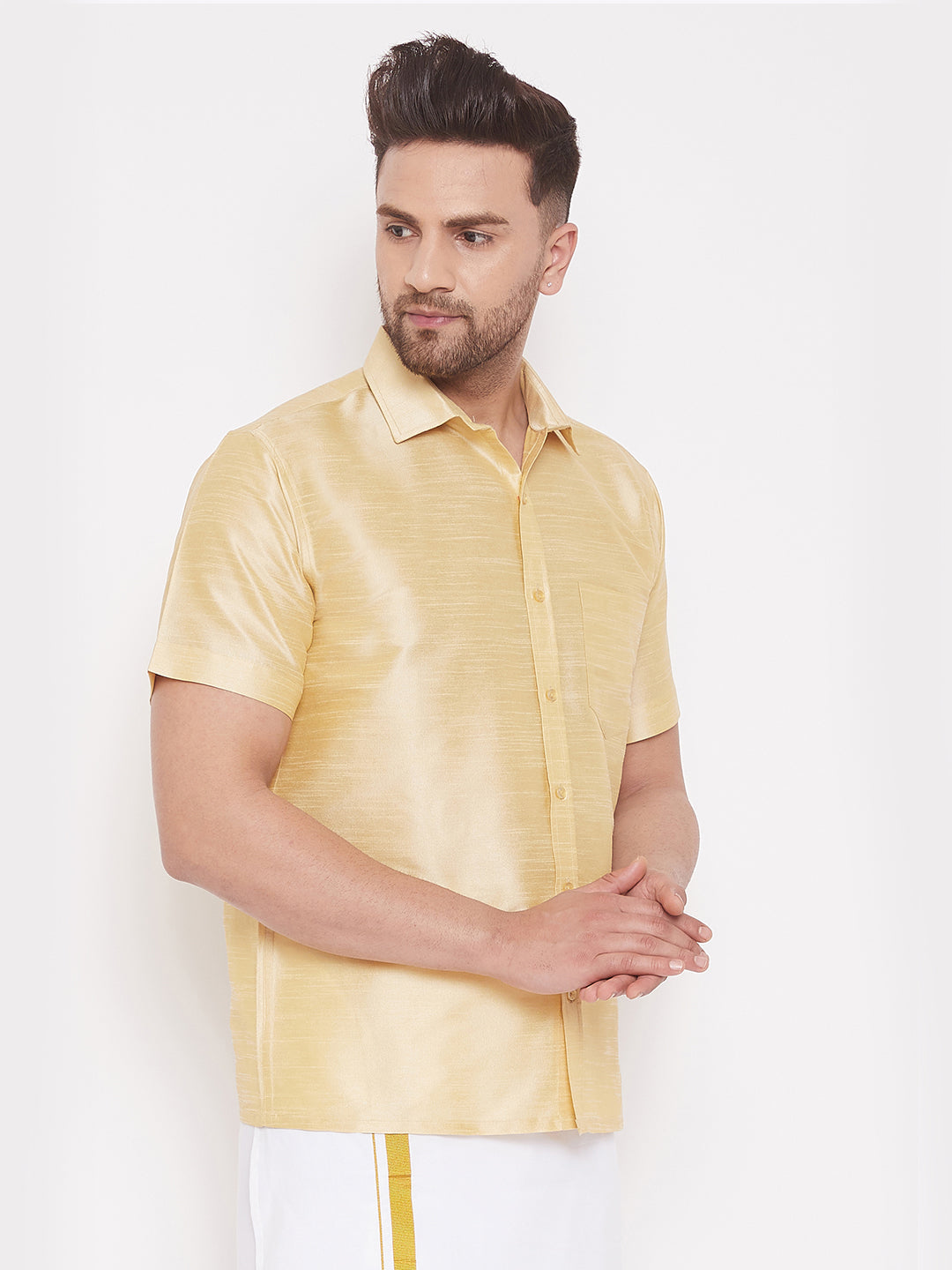 Vastramay Men's And Boys Gold Solid Silk Blend Half Sleeve Ethnic Shirt