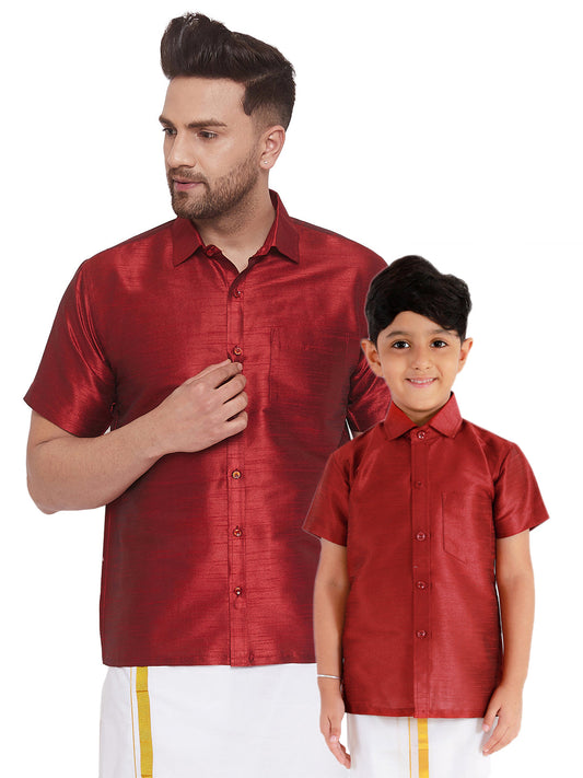 Vastramay Men's And Boys Maroon Solid Silk Blend Half Sleeve Ethnic Shirt