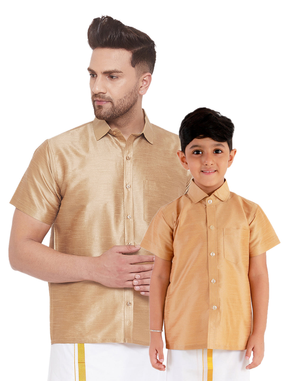 Vastramay Men's And Boys Rose Gold Solid Silk Blend Half Sleeve Ethnic Shirt