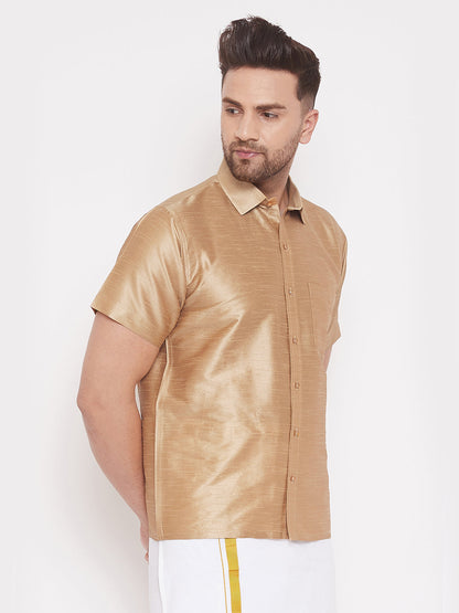 Vastramay Men's And Boys Rose Gold Solid Silk Blend Half Sleeve Ethnic Shirt