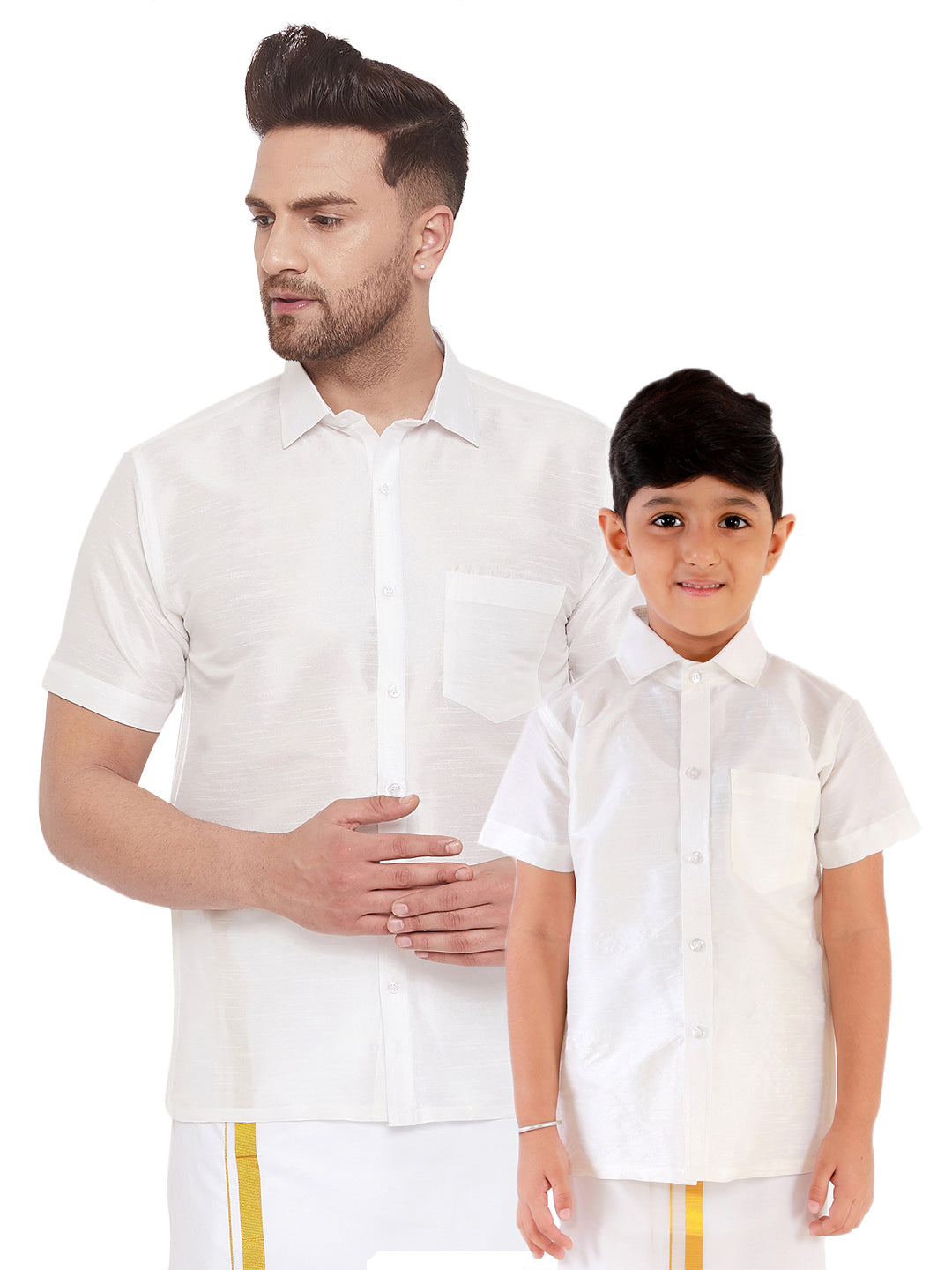 Vastramay Men's And Boys White Solid Silk Blend Half Sleeve Ethnic Shirt