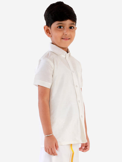 Vastramay Men's And Boys White Solid Silk Blend Half Sleeve Ethnic Shirt