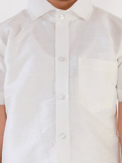 Vastramay Men's And Boys White Solid Silk Blend Half Sleeve Ethnic Shirt