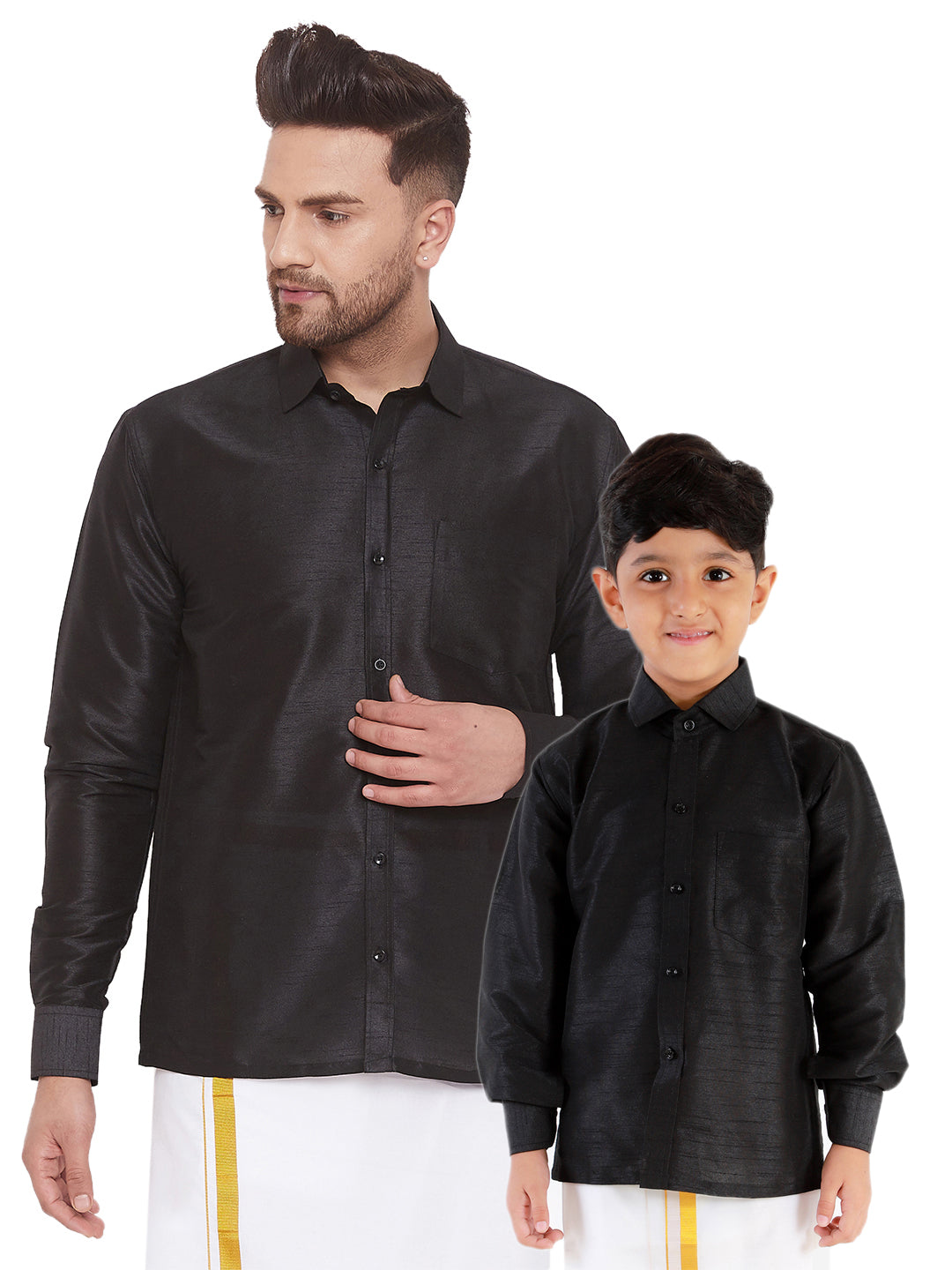 Vastramay Men's And Boys Black Solid Silk Blend Full Sleeve Ethnic Shirt