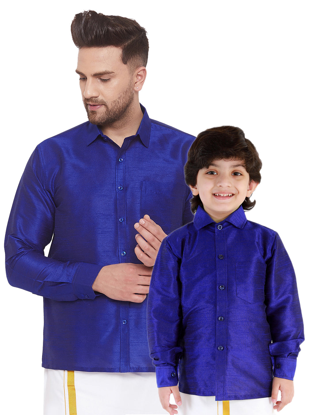 Vastramay Men's And Boys Blue Solid Silk Blend Full Sleeve Ethnic Shirt