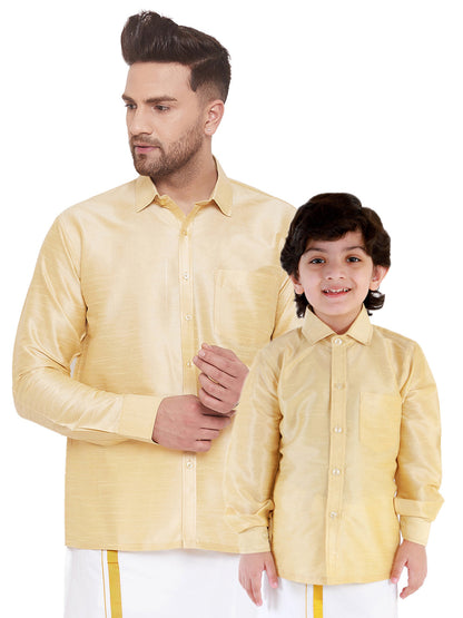 Vastramay Men's And Boys Gold Solid Silk Blend Full Sleeve Ethnic Shirt