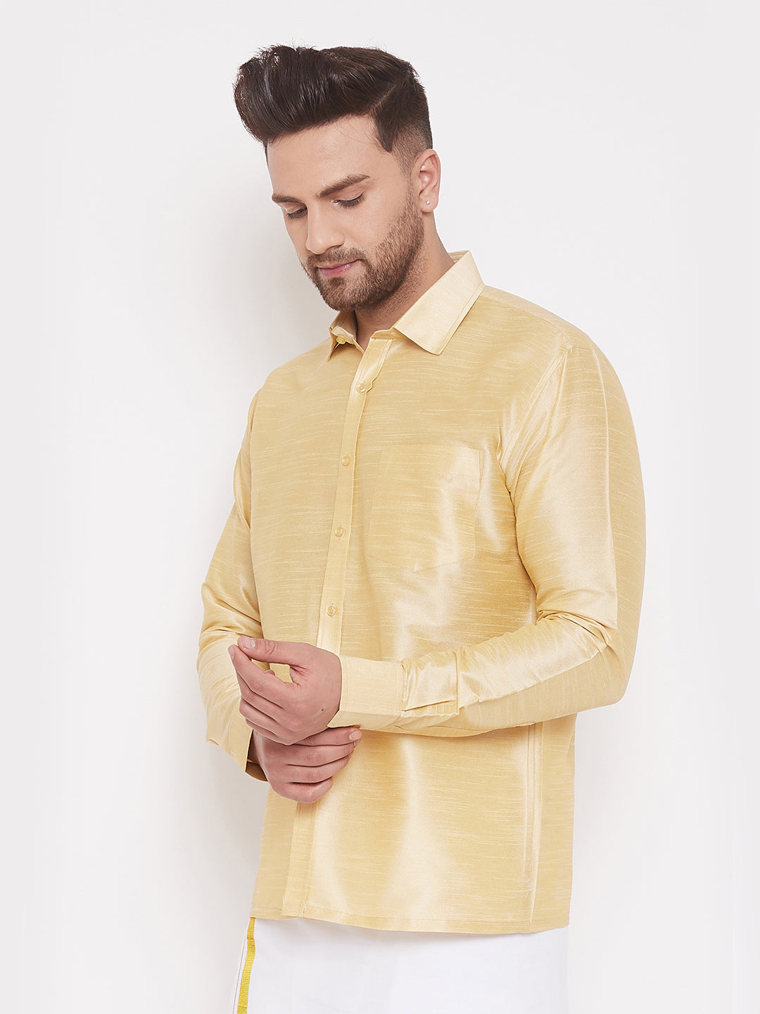 Vastramay Men's And Boys Gold Solid Silk Blend Full Sleeve Ethnic Shirt