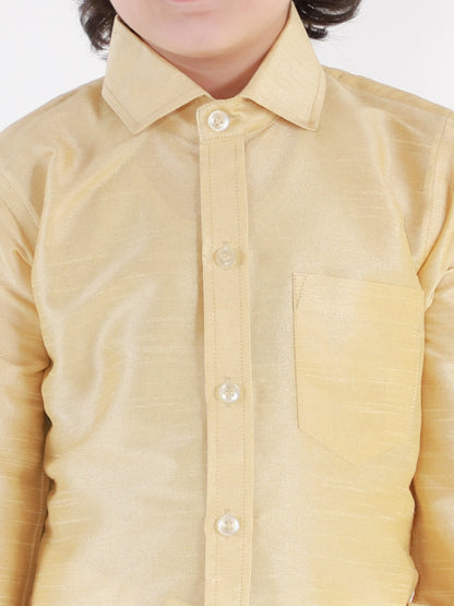 Vastramay Men's And Boys Gold Solid Silk Blend Full Sleeve Ethnic Shirt