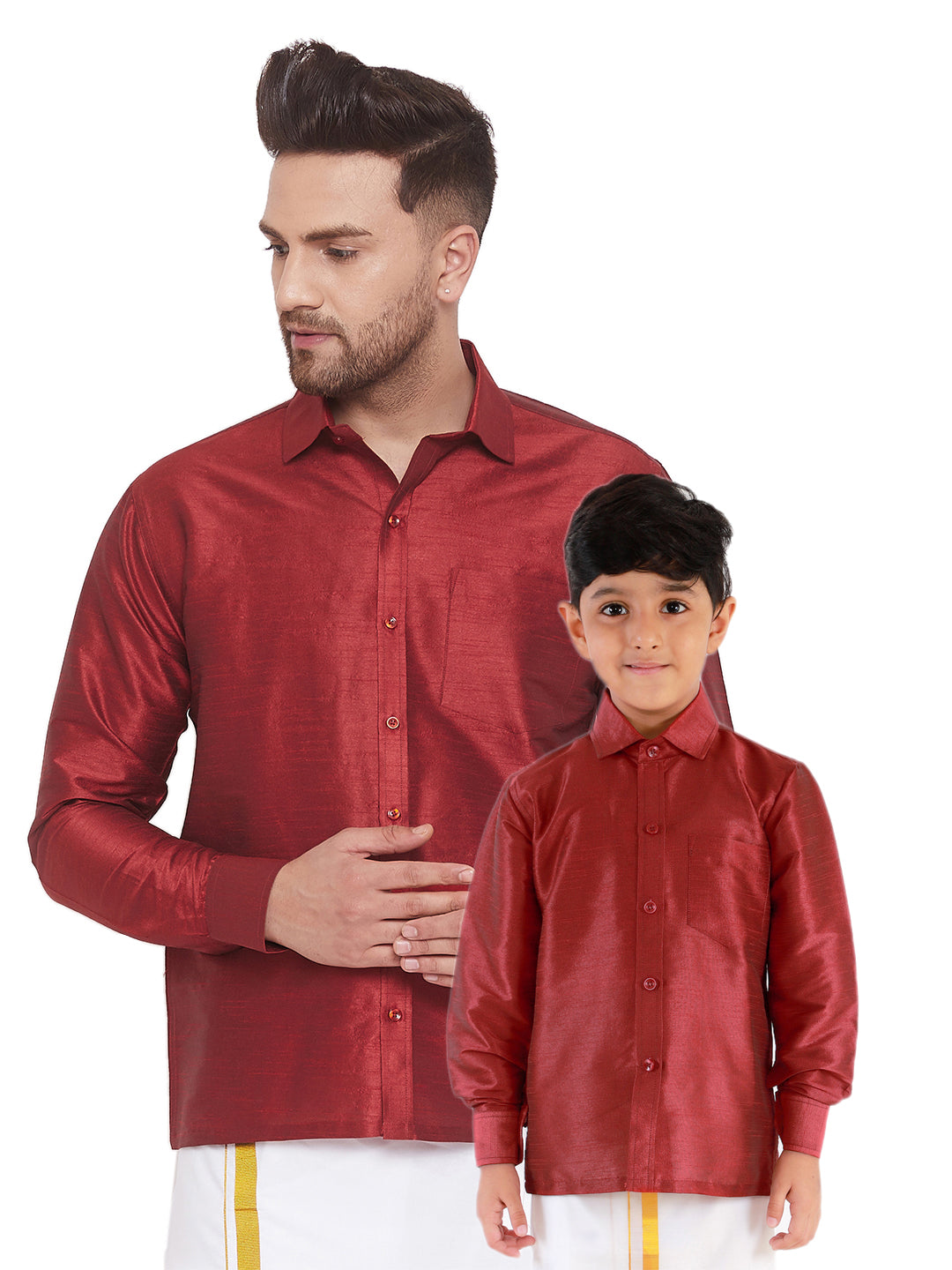 Vastramay Men's And Boys Maroon Solid Silk Blend Full Sleeve Ethnic Shirt