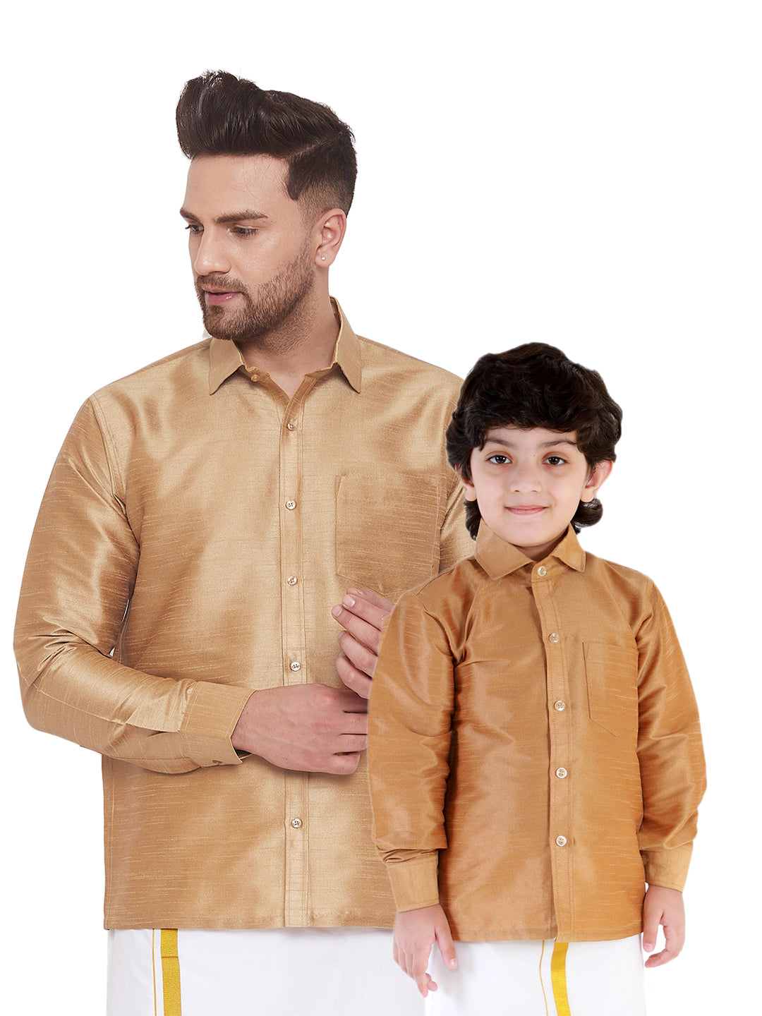 Vastramay Men's And Boys Rose Gold Solid Silk Blend Full Sleeve Ethnic Shirt